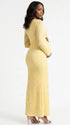 butter yellow lace maternity gown with long sleeves twist front neckline and mermaid silhouette