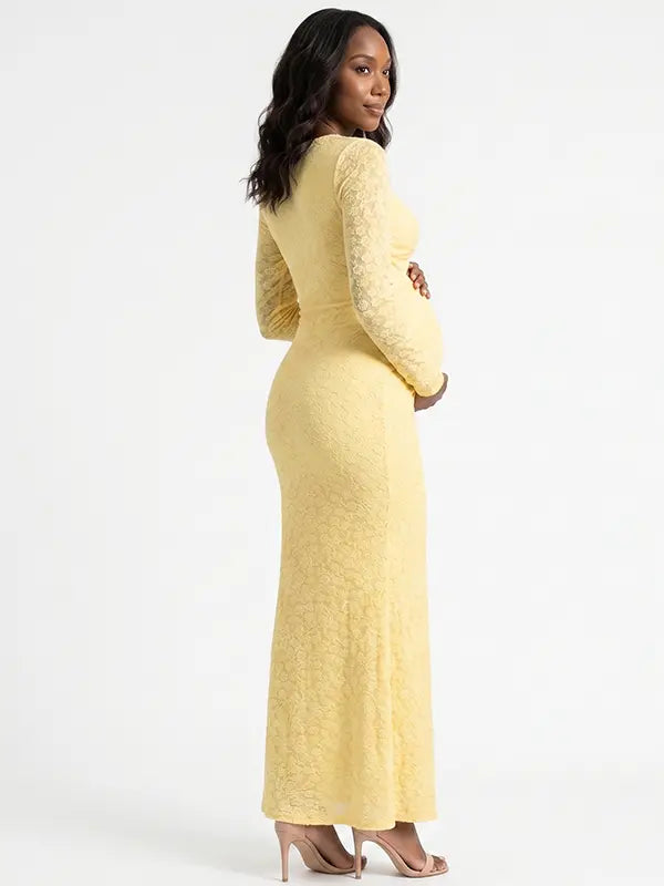 butter yellow lace maternity gown with long sleeves twist front neckline and mermaid silhouette