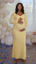 butter yellow lace maternity gown with long sleeves twist front neckline and mermaid silhouette