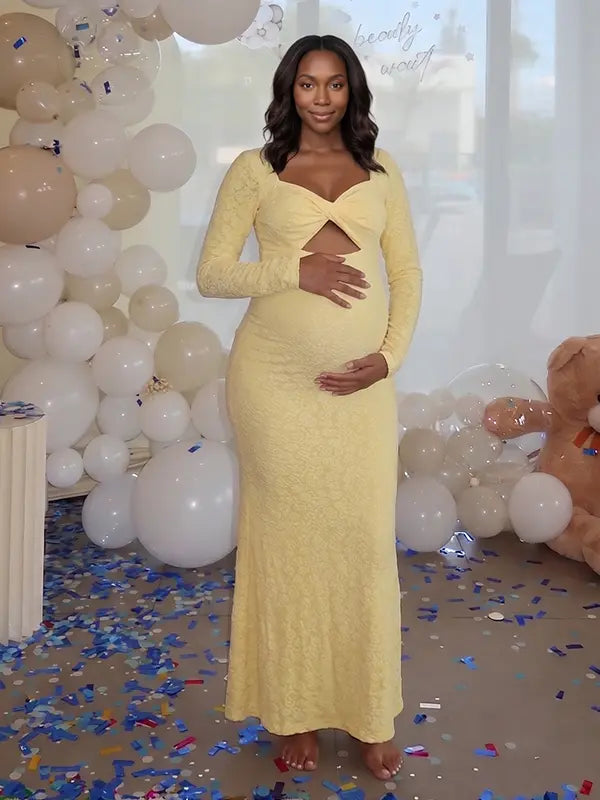 butter yellow lace maternity gown with long sleeves twist front neckline and mermaid silhouette