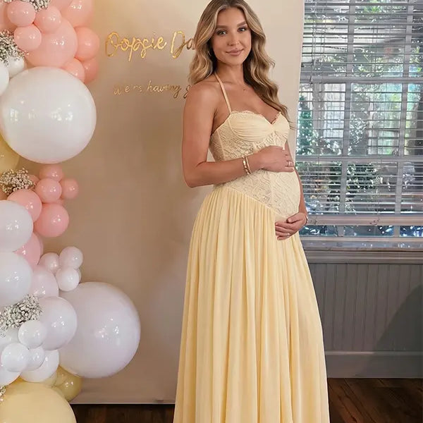 Butter Yellow Lace Maternity Dress, Corset Lace-Up Pregnancy Maxi Dress for Baby Shower, Maternity Photoshoot, Gender Reveal, Pregnancy Announcement, Bridal Shower, Formal Events | Bumplook