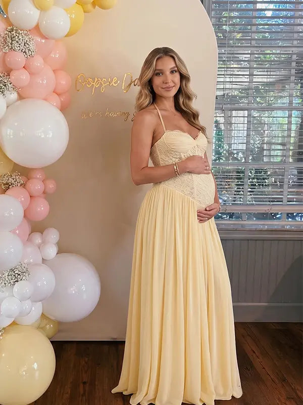 Butter Yellow Lace Maternity Dress, Corset Lace-Up Pregnancy Maxi Dress for Baby Shower, Maternity Photoshoot, Gender Reveal, Pregnancy Announcement, Bridal Shower, Formal Events | Bumplook