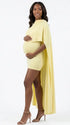butter yellow maternity cape dress with bodycon mini silhouette and dramatic flowing drape