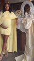 butter yellow maternity cape dress with bodycon mini silhouette and dramatic flowing drape