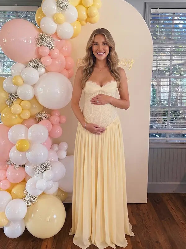 Butter Yellow Maternity Dress, Lace Halter Pregnancy Maxi Dress for Baby Shower, Maternity Photoshoot, Gender Reveal, Pregnancy Announcement, Bridal Shower, Formal Events | Bumplook