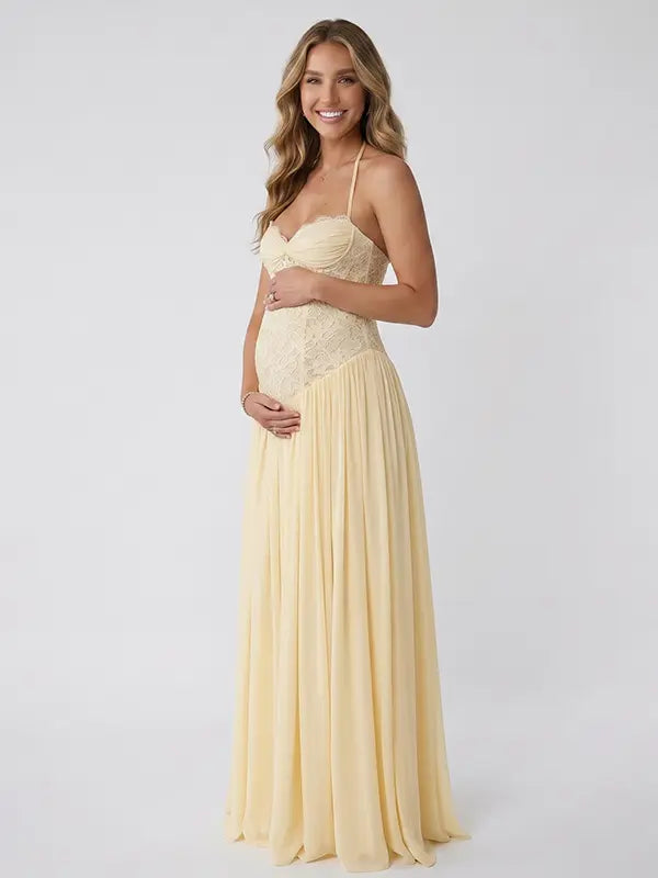 Butter Yellow Lace Maternity Dress, Corset Lace-Up Pregnancy Maxi Dress for Baby Shower, Maternity Photoshoot, Gender Reveal, Pregnancy Announcement, Bridal Shower, Formal Events | Bumplook