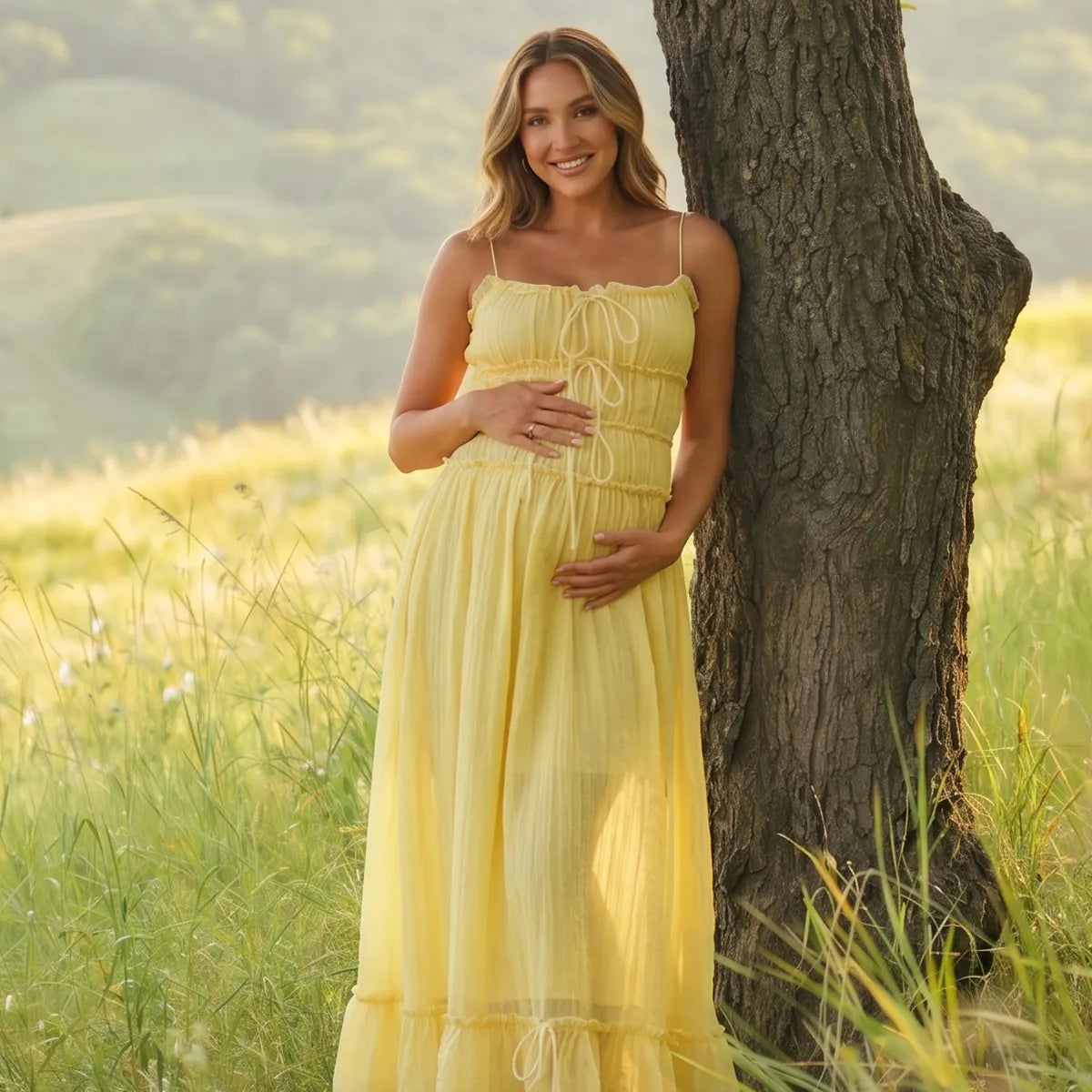 Butter Yellow Summer Maternity Maxi Dress with Bow Front | Bumplook