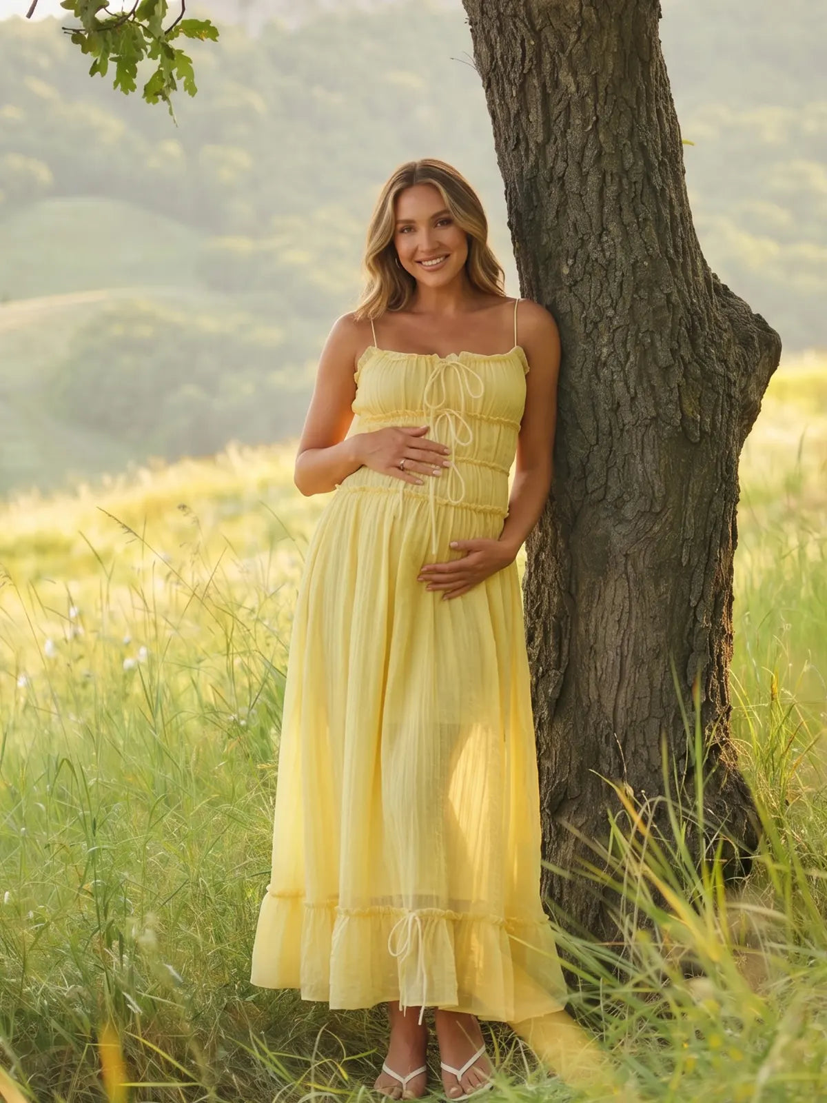 Butter Yellow Summer Maternity Maxi Dress with Bow Front | Bumplook
