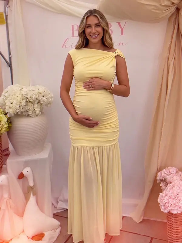 yellow maternity photoshoot dress with mesh hem elegant off shoulder pregnancy gown