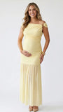 butter yellow off shoulder maternity maxi dress ruched bodycon baby shower pregnancy gown