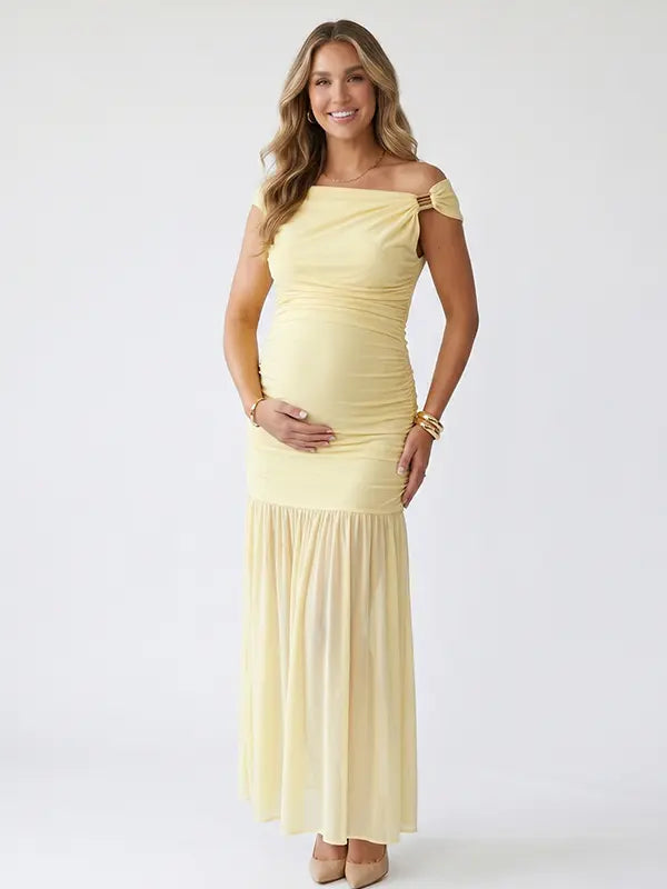 butter yellow off shoulder maternity maxi dress ruched bodycon baby shower pregnancy gown