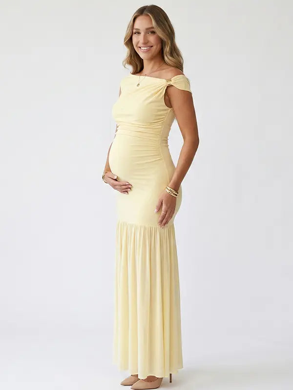 butter yellow off shoulder maternity maxi dress ruched bodycon baby shower pregnancy gown