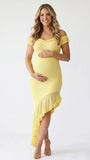 Butter Yellow Off Shoulder Ruffle Maternity Midi Dress for Baby Shower and Gender Reveal