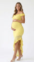 Butter Yellow Off Shoulder Ruffle Maternity Midi Dress for Baby Shower and Gender Reveal