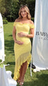 Butter Yellow Off Shoulder Ruffle Maternity Midi Dress for Baby Shower and Gender Reveal