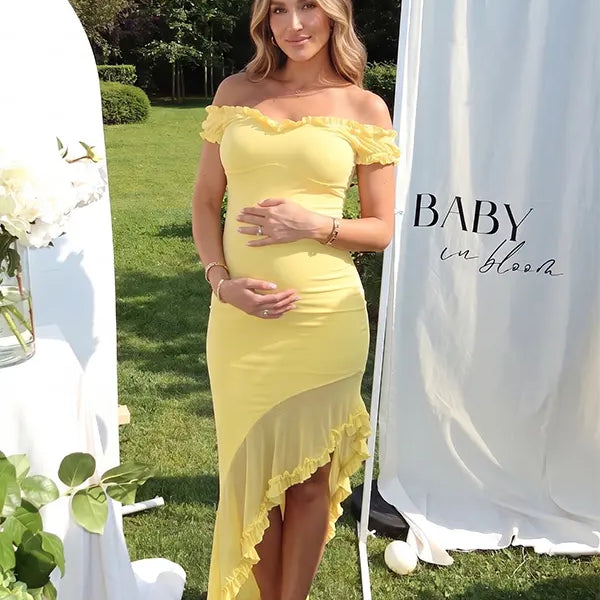 Butter Yellow Off Shoulder Ruffle Maternity Midi Dress for Baby Shower and Gender Reveal