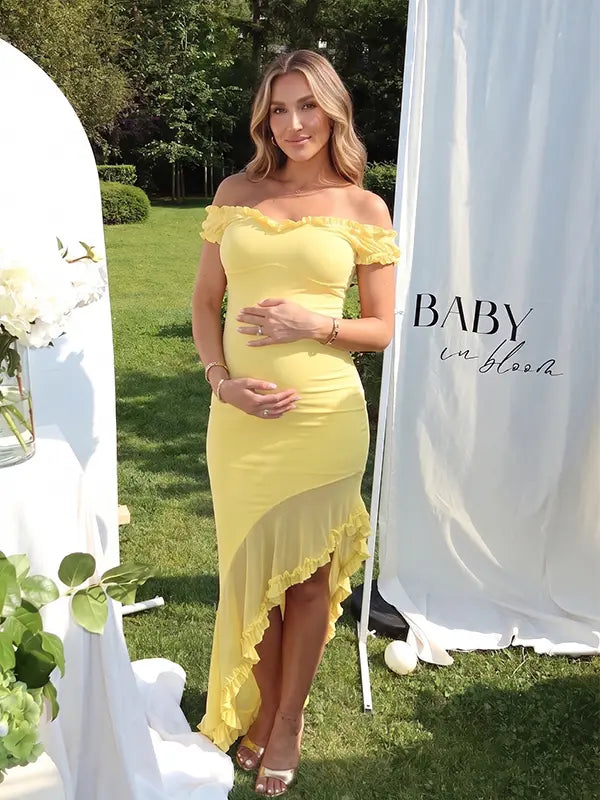 Butter Yellow Off Shoulder Ruffle Maternity Midi Dress for Baby Shower and Gender Reveal