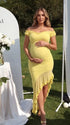 Butter Yellow Off Shoulder Ruffle Maternity Midi Dress for Baby Shower and Gender Reveal