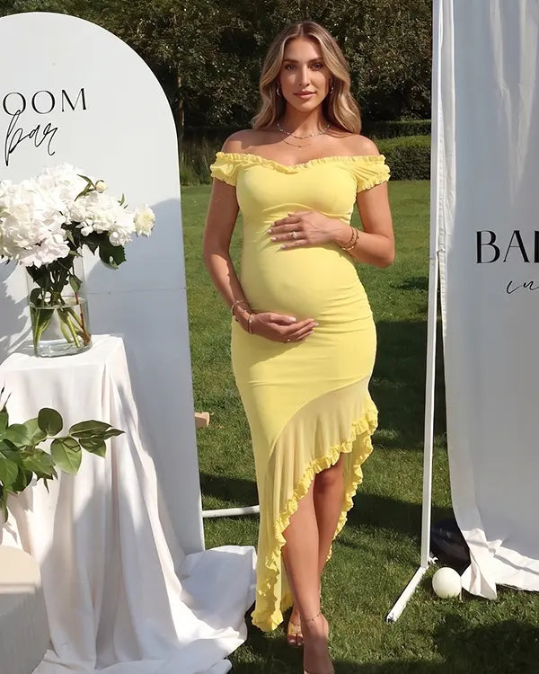 Butter Yellow Off Shoulder Ruffle Maternity Midi Dress for Baby Shower and Gender Reveal