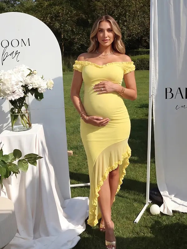 Butter Yellow Off Shoulder Ruffle Maternity Midi Dress for Baby Shower and Gender Reveal