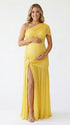 Butter yellow one shoulder maternity gown with ruched bodice and high slit for baby shower photography