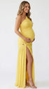 Butter yellow one shoulder maternity gown with ruched bodice and high slit for baby shower photography