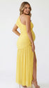 Butter yellow one shoulder maternity gown with ruched bodice and high slit for baby shower photography