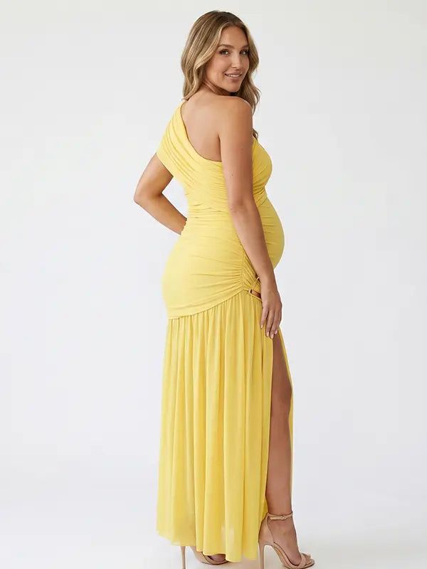 Butter yellow one shoulder maternity gown with ruched bodice and high slit for baby shower photography