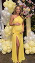 Butter yellow one shoulder maternity gown with ruched bodice and high slit for baby shower photography
