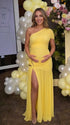 Butter yellow one shoulder maternity gown with ruched bodice and high slit for baby shower photography