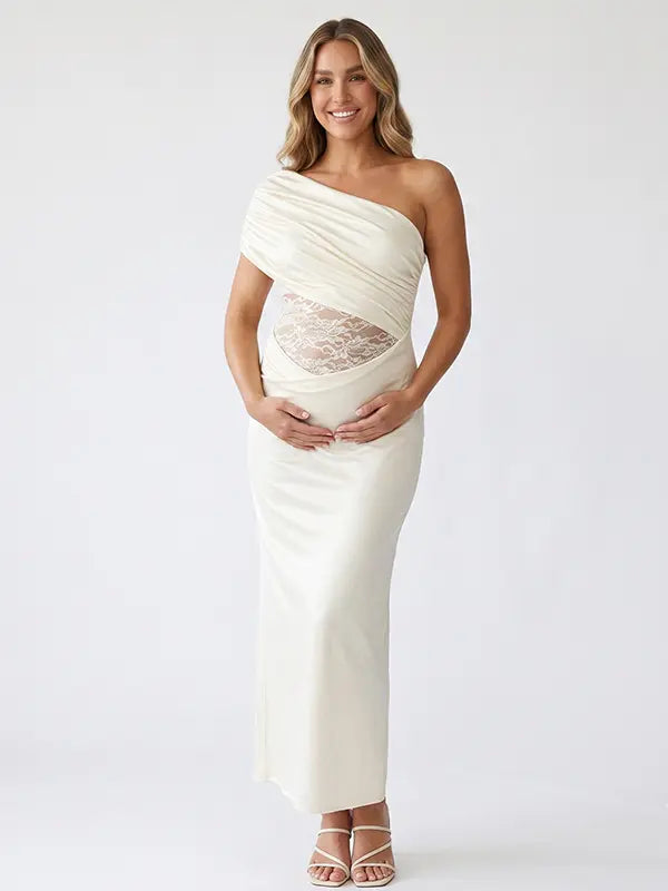 Butter Yellow One Shoulder Maternity Dress, Lace Cutout Pregnancy Gown for Baby Shower, Maternity Photoshoot, Pregnancy Announcement, Gender Reveal, Motherhood Portrait, Garden Party, Golden Hour Photography | Bumplook