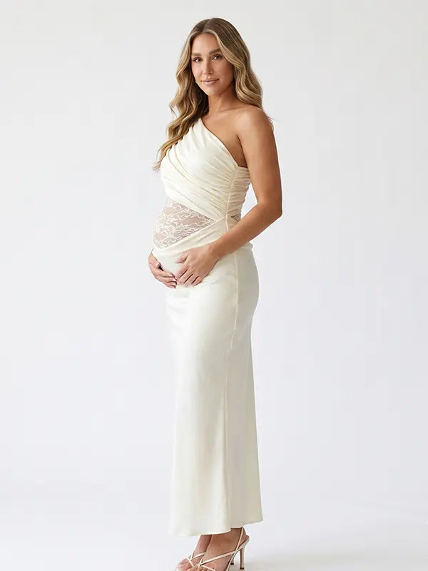 Butter Yellow One Shoulder Maternity Dress, Lace Cutout Pregnancy Gown for Baby Shower, Maternity Photoshoot, Pregnancy Announcement, Gender Reveal, Motherhood Portrait, Garden Party, Golden Hour Photography | Bumplook