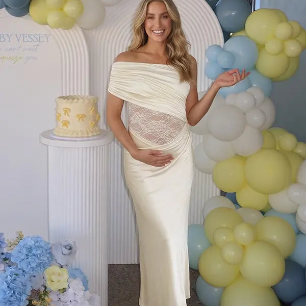 Butter Yellow One Shoulder Maternity Dress, Lace Cutout Pregnancy Gown for Baby Shower, Maternity Photoshoot, Pregnancy Announcement, Gender Reveal, Motherhood Portrait, Garden Party, Golden Hour Photography | Bumplook