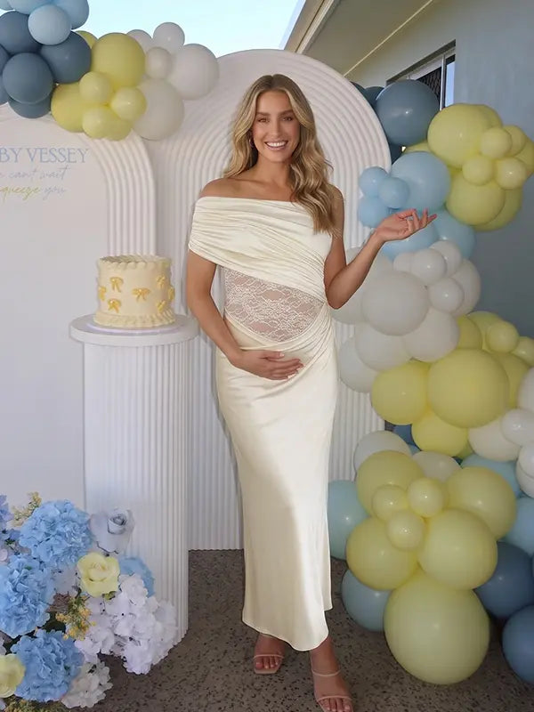 Butter Yellow One Shoulder Maternity Dress, Lace Cutout Pregnancy Gown for Baby Shower, Maternity Photoshoot, Pregnancy Announcement, Gender Reveal, Motherhood Portrait, Garden Party, Golden Hour Photography | Bumplook