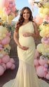 butter yellow one shoulder maternity maxi dress with open back and mesh hem