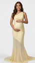 butter yellow one shoulder maternity maxi dress with open back and mesh hem