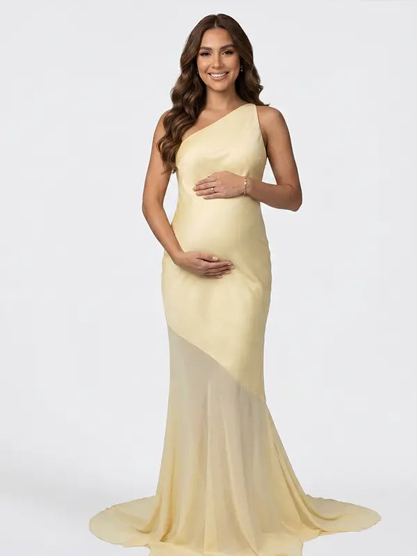 butter yellow one shoulder maternity maxi dress with open back and mesh hem