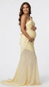 butter yellow one shoulder maternity maxi dress with open back and mesh hem