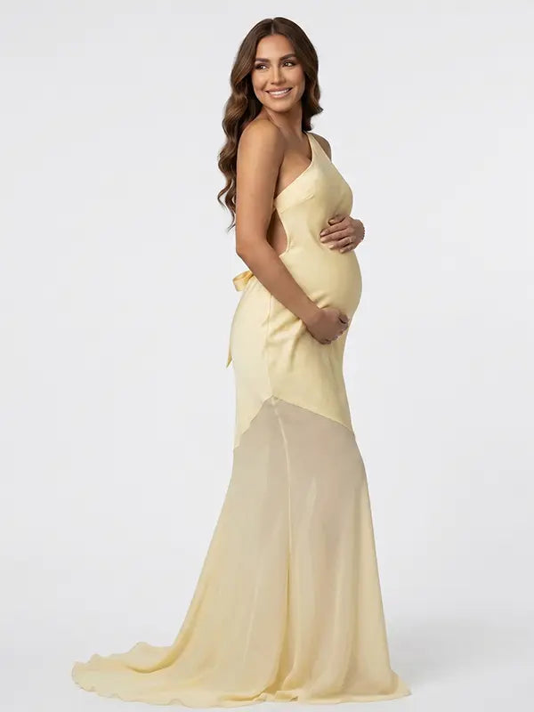 butter yellow one shoulder maternity maxi dress with open back and mesh hem