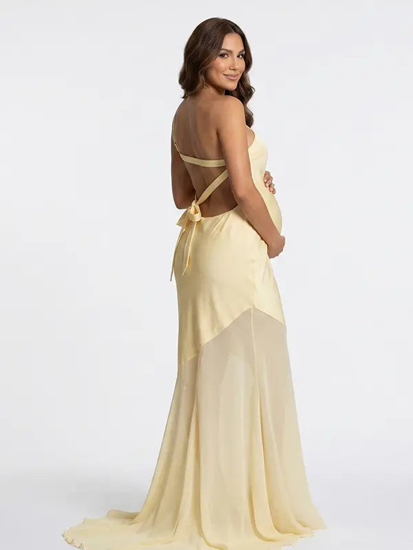butter yellow one shoulder maternity maxi dress with open back and mesh hem