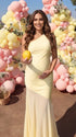butter yellow one shoulder maternity maxi dress with open back and mesh hem