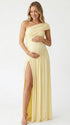 butter yellow one shoulder maternity maxi dress with ruched waist and high slit
