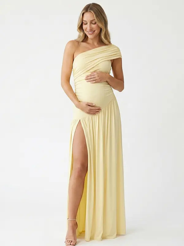 butter yellow one shoulder maternity maxi dress with ruched waist and high slit