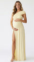 butter yellow one shoulder maternity maxi dress with ruched waist and high slit