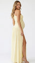 butter yellow one shoulder maternity maxi dress with ruched waist and high slit