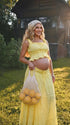 Butter Yellow Smocked Two Piece Maternity Maxi Skirt Set with Square Neck Cropped Top for Baby Shower, Maternity Photoshoot, Pregnancy Announcement, Babymoon, Spring Picnic and Garden Party | Bumplook