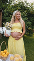 Butter Yellow Smocked Two Piece Maternity Maxi Skirt Set with Square Neck Cropped Top for Baby Shower, Maternity Photoshoot, Pregnancy Announcement, Babymoon, Spring Picnic and Garden Party | Bumplook