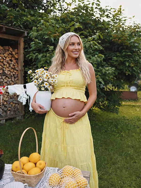 Butter Yellow Smocked Two Piece Maternity Maxi Skirt Set with Square Neck Cropped Top for Baby Shower, Maternity Photoshoot, Pregnancy Announcement, Babymoon, Spring Picnic and Garden Party | Bumplook