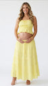 Butter Yellow Smocked Two Piece Maternity Maxi Skirt Set with Square Neck Cropped Top for Baby Shower, Maternity Photoshoot, Pregnancy Announcement, Babymoon, Spring Picnic and Garden Party | Bumplook
