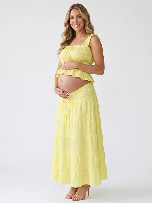 Butter Yellow Smocked Two Piece Maternity Maxi Skirt Set with Square Neck Cropped Top for Baby Shower, Maternity Photoshoot, Pregnancy Announcement, Babymoon, Spring Picnic and Garden Party | Bumplook
